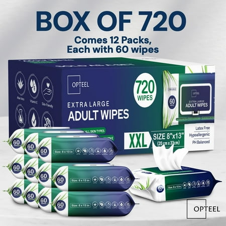 Adult Wipes For Elderly - 8x13 720ct (12 Packs of 60) Huge & Soft Non-Flushable Body Wipes for Adults Bathing No-Rinse - Incontinence Disposable Washcloths, Vitamin E & Aloe Infused Shower Wipes.