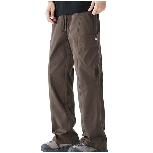 Lovzfmll Men's Solid Color Techwear Cargo Pants, Relaxed Fit, Drawstring Waist, Multiple Pockets for Urban Style Coffee, L