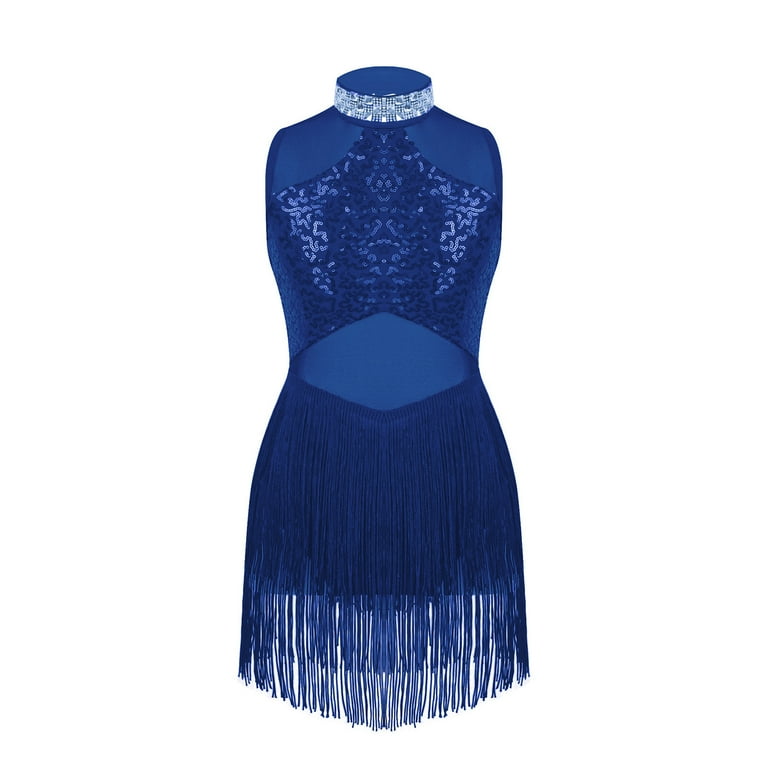 inhzoy Kids Girls Sequins Halter Neck Jazz Latin Tassel Dance Dress Mesh  Patchwork Leotard Dress Royal Blue 10 - Walmart.com