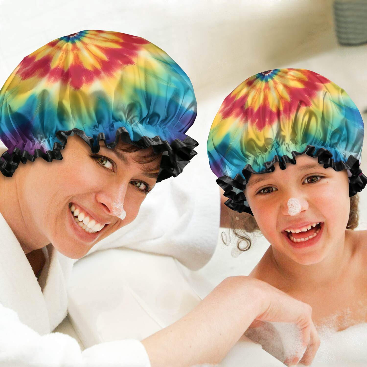 Shower Caps,Rainbow Tie Dye Mandala Pattern Waterproof Shower Cap for Women 4 Pieces,Double Reusable Hair Cover for Shower PEVA Elastic Stretch Hem