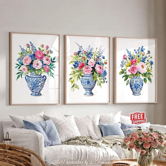 UNFFRAMED Chinoiserie Blue Vase & Pink Peony Flowers Wall Art Posters, Bedroom Wall Decor Over The Bed Floral Rose Bouquet Set Of 3 Set 3 Prints 8x12