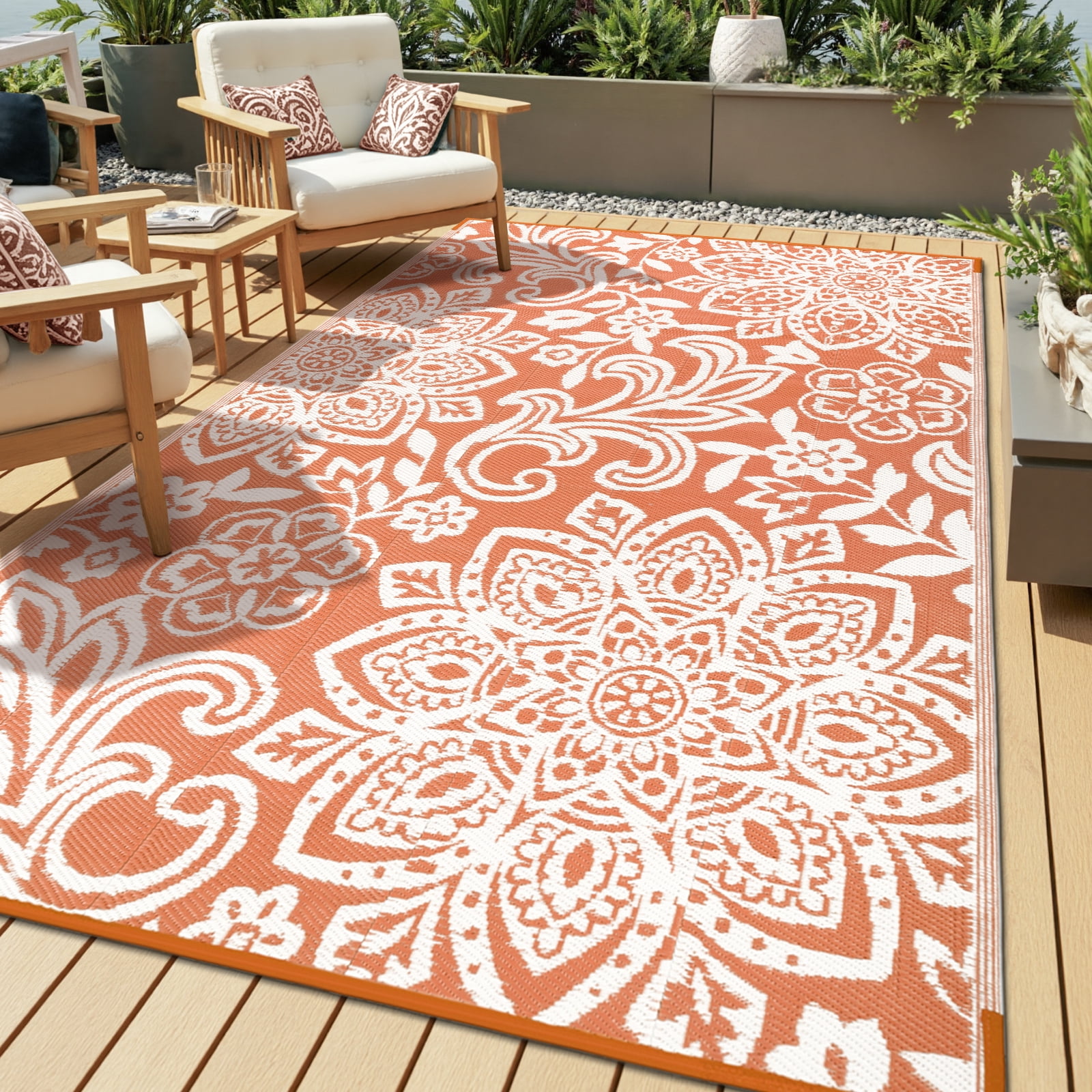 MJIAexp 6'x9' Orange Outdoor Rug Patio Rug Waterproof RV Outdoor Rug Camping Rugs Reversible Plastic Straw Rug Large Outdoor Mat for Camping, Balcony Apartment, Patio, Porch, Picnic, Beach