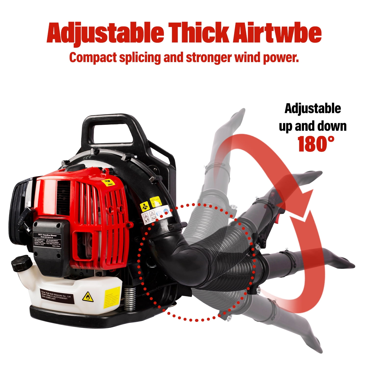 BTMWAY 248 MPH at 530 CFM 52cc Gas Powered Backpack Leaf Blower, Red