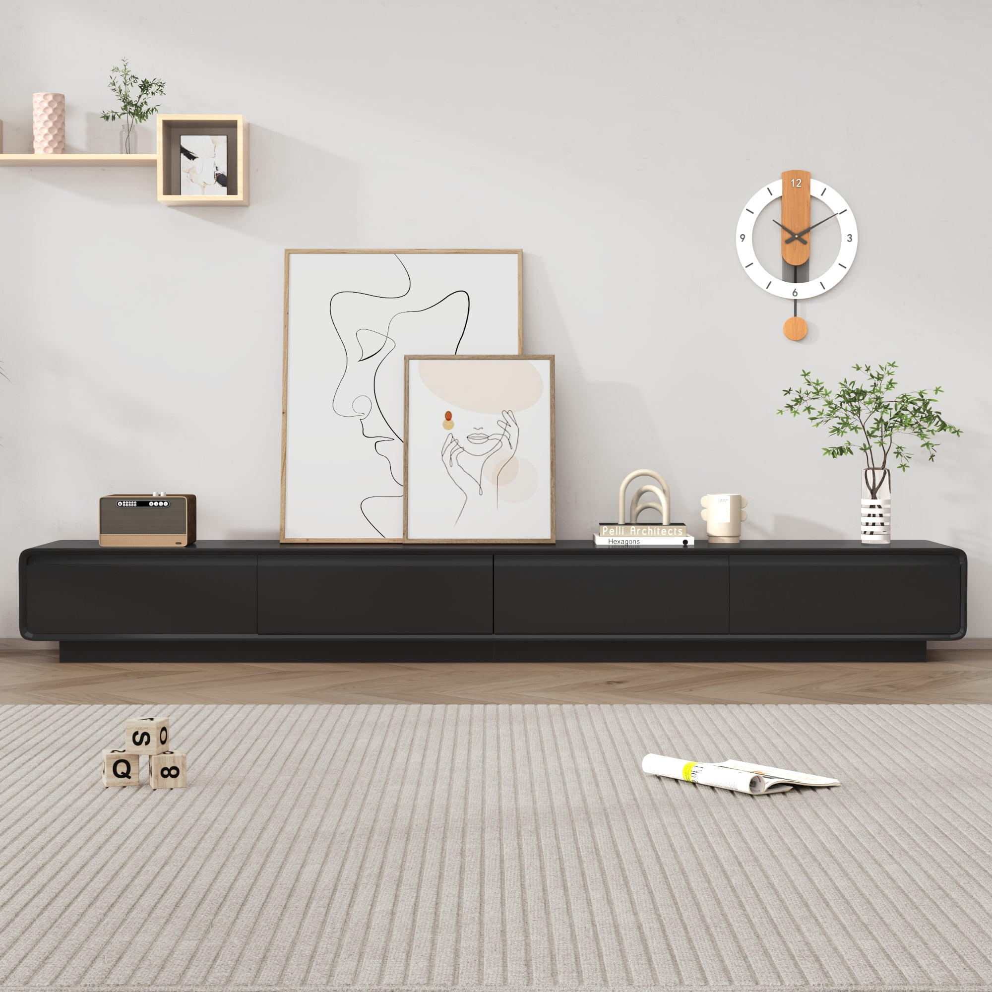 Blotout 94.5'' Minimalist Floating TV Stand, Modern Wall-Mounted Media Console with 4 Drawers for Wall-mounted TV Up to 110'', Black