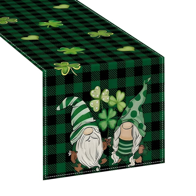 St Patricks Day Table Runner And Tablecloth Set, Green Printed Polyester Fabric with Bohemian Openwork Design, 70.8 x 13 Inches for Dining Table Decor, Kitchen Sideboard,