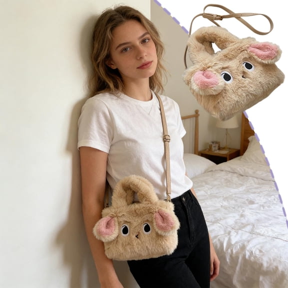 Plush Bunny Crossbody Bag 10 Inch, Faux Fur Tote Shoulder Handbag, 3 Way Versatile Carrying Options, Spacious Daily Essentials Storage, Cute Autumn Winter Fashion Gift Pink Beige