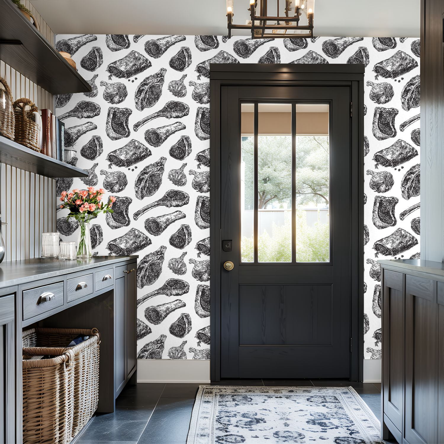 Peel and Stick Wallpaper meat drawing Hand drawn beef steak pork ham Wall Mural 17.7in x 9.8ft Self Adhesive Removable Wall Paper Renter Friendly Wallpaper for Bedroom Nursery
