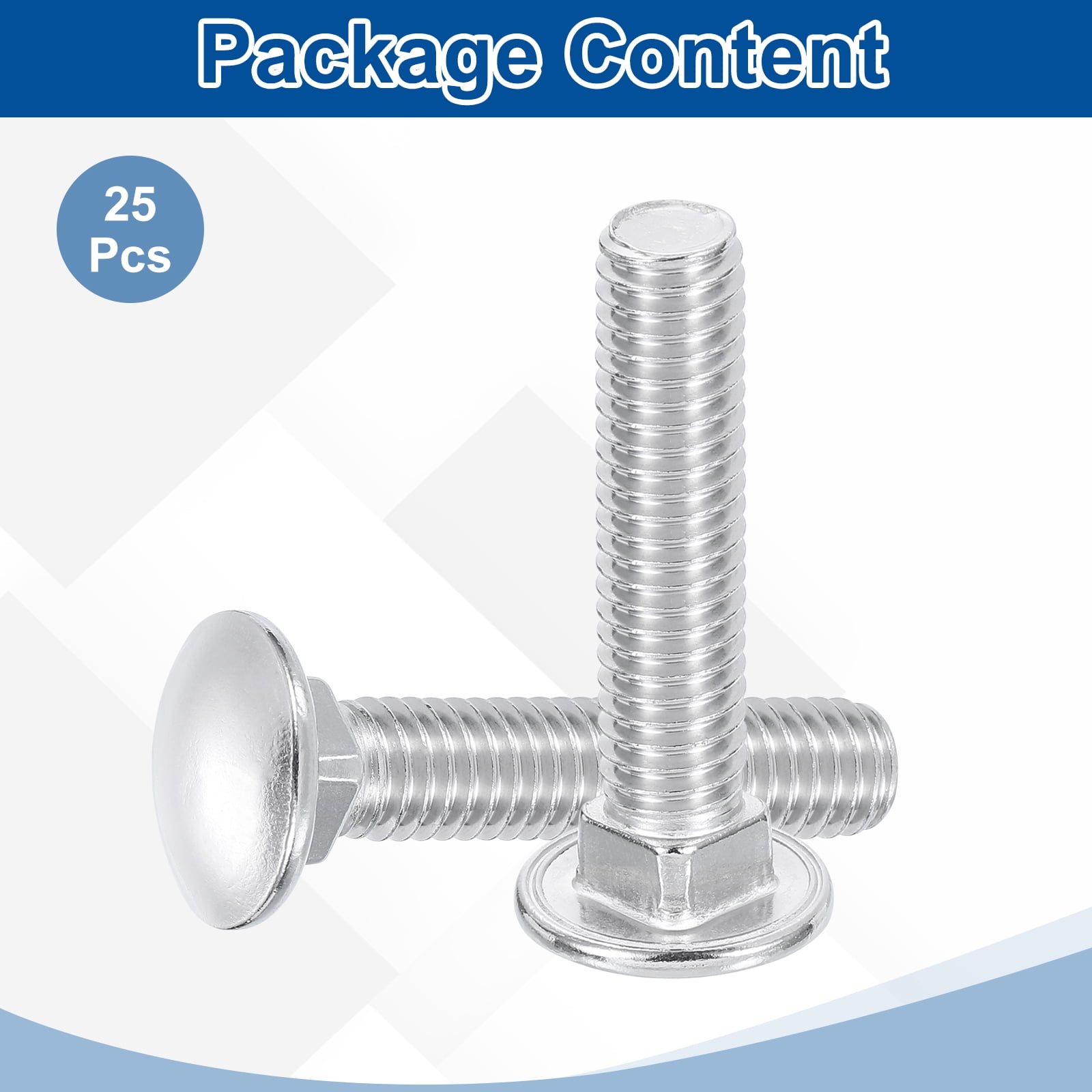 Uxcell 25Pack 3/8"-16x3" Stainless Steel Carriage Bolts Round Head Square Neck, Silver