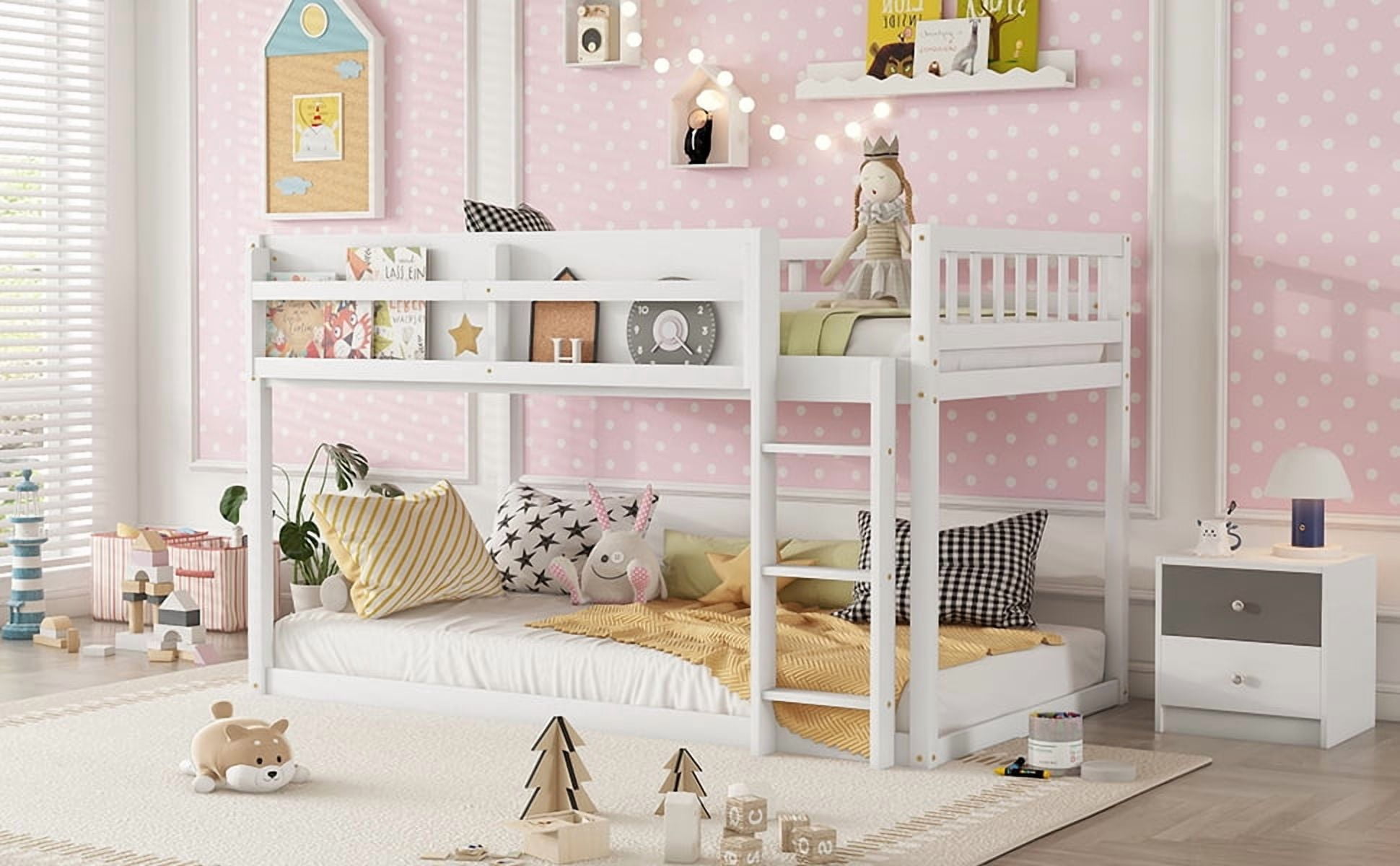 HOQBN Bunk Bed Twin Over Twin,Solid Wood Low Floor Bunk Bed with Ladder,White