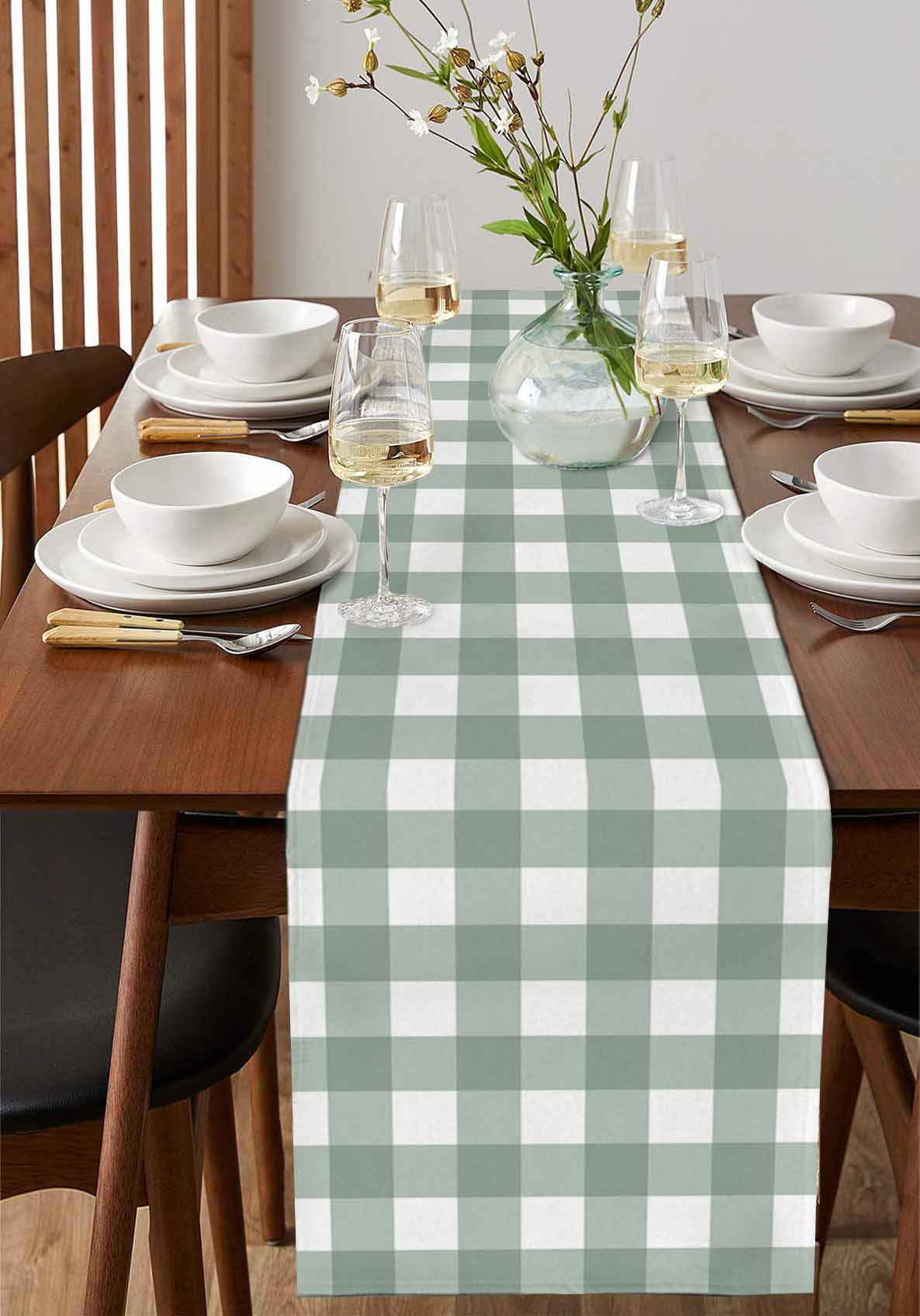 Green Farmhouse Burlap Cotton Table Runner 13x90 Inches Long, Buffalo Plaid Check Lattice White Grid Farmhouse Table Runners, Outdoor Dining Tablecloths Decor for Baby Shower/Party/Wedding