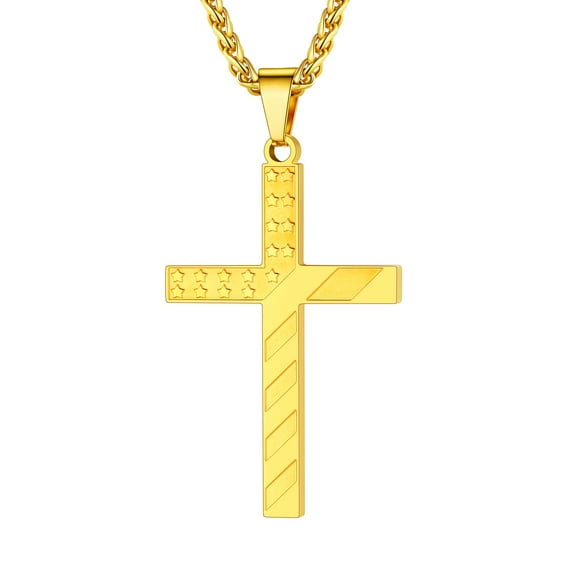 U7 Stainless Steel Patriotic 14K Gold Plated Cross Necklace for Women Men Fashion American Flag Religious Christmas Jewelry Gift
