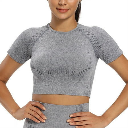 

Short Yoga Top Short Sleeves Crop Tank Breast Lifting Sports Bra L Gray