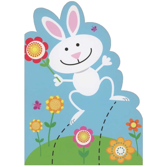 RSVP Smiling, Hopping White Rabbit Holding Red Flower Die Cut Easter Card for Kids