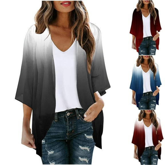 Olyvenn Trendy Womens Cardigan Business Work Office Fashion V Neck Womens Suit Comfy Flowy Kimono Shawl Tops Casual Set 3/4 Sleeve Jackets Gradian Color Slim Fit Black 4