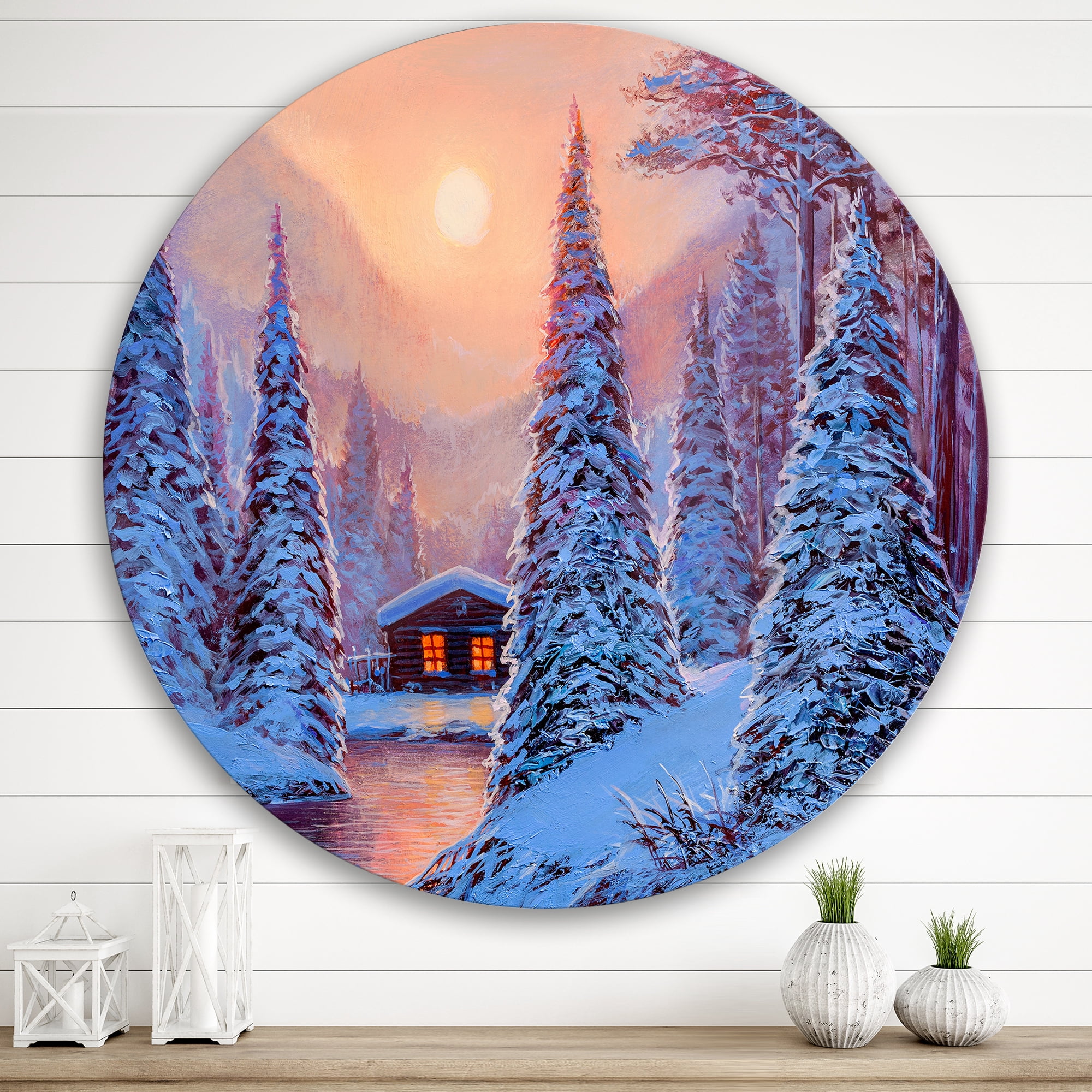 Designart 'The River House In The Woods and Winter Landscape I' Lake House Circle Metal Wall Art 36x36 - Disc of 36