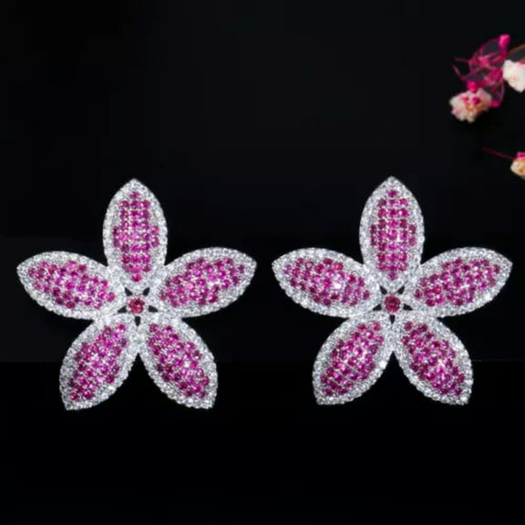 Black Gold Plated Blue Cubic Zirconia Flower Stud Earrings 925 Silver CZ Jewelry