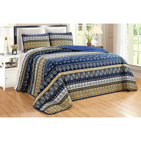 GrandLinen 3-Piece Fine Printed Oversize (100" X 95") Quilt Set Reversible Bedspread Coverlet Queen Size Bed Cover (Navy Blue, Yellow Stripe)