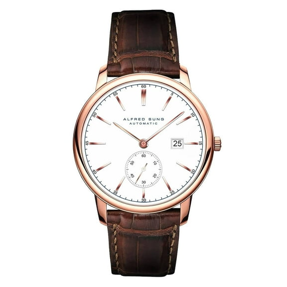 Alfred Sung Men's Automatic IV Rose Gold Date White Dial Leather Watch