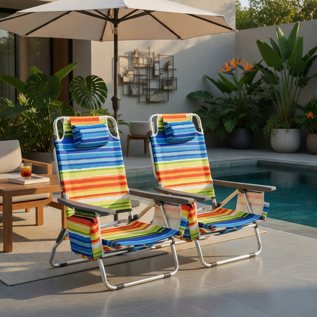 Hommoo 2-Pack Foldable Beach Chair with Pillow, 5-Position Reclining Outdoor Lounge Chair for Beach, Pool & Camping, Yellow