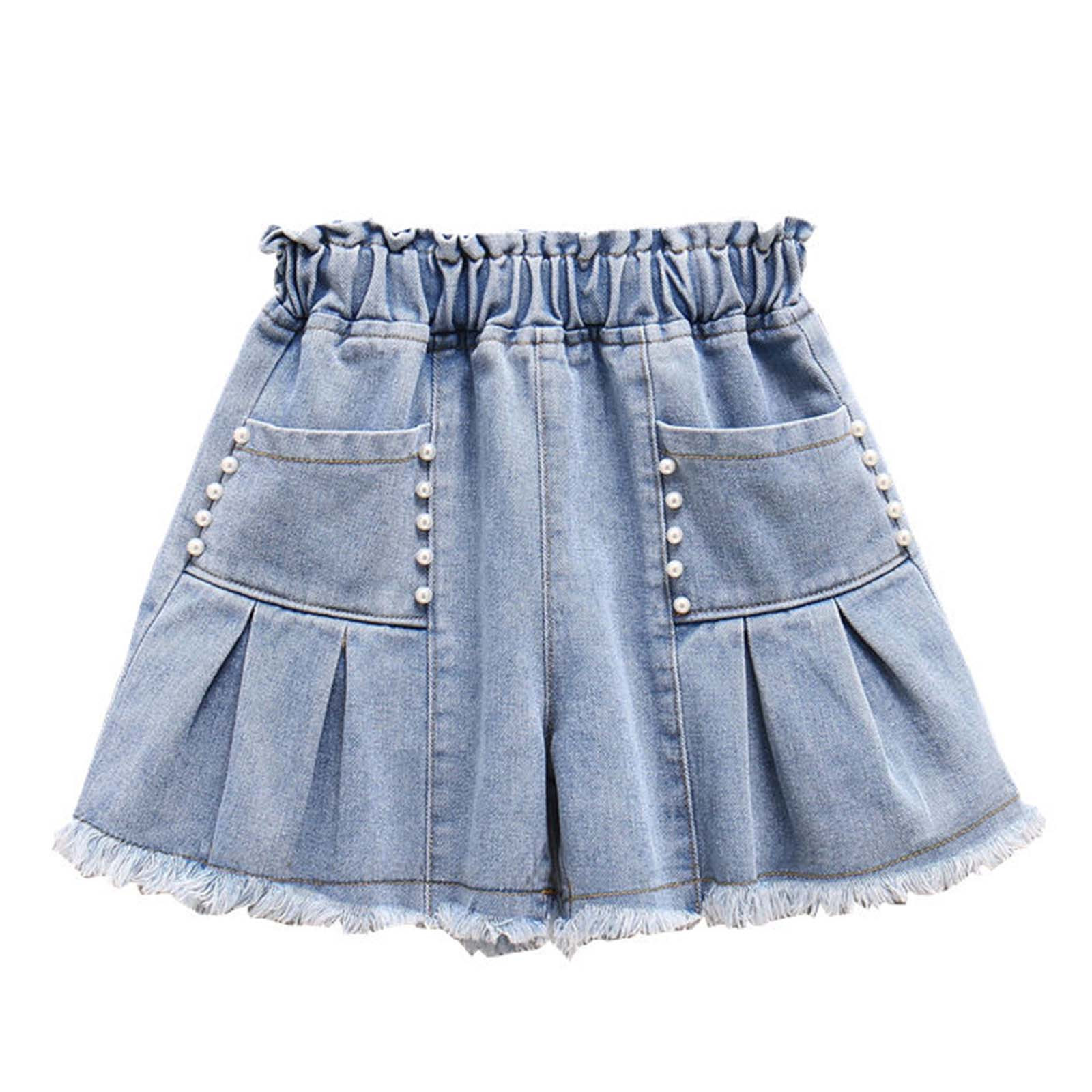 FAIWAD Girls Pleated Jean Shorts Elastic Waist Wide Leg Summer Cute Denim Skirt Shorts