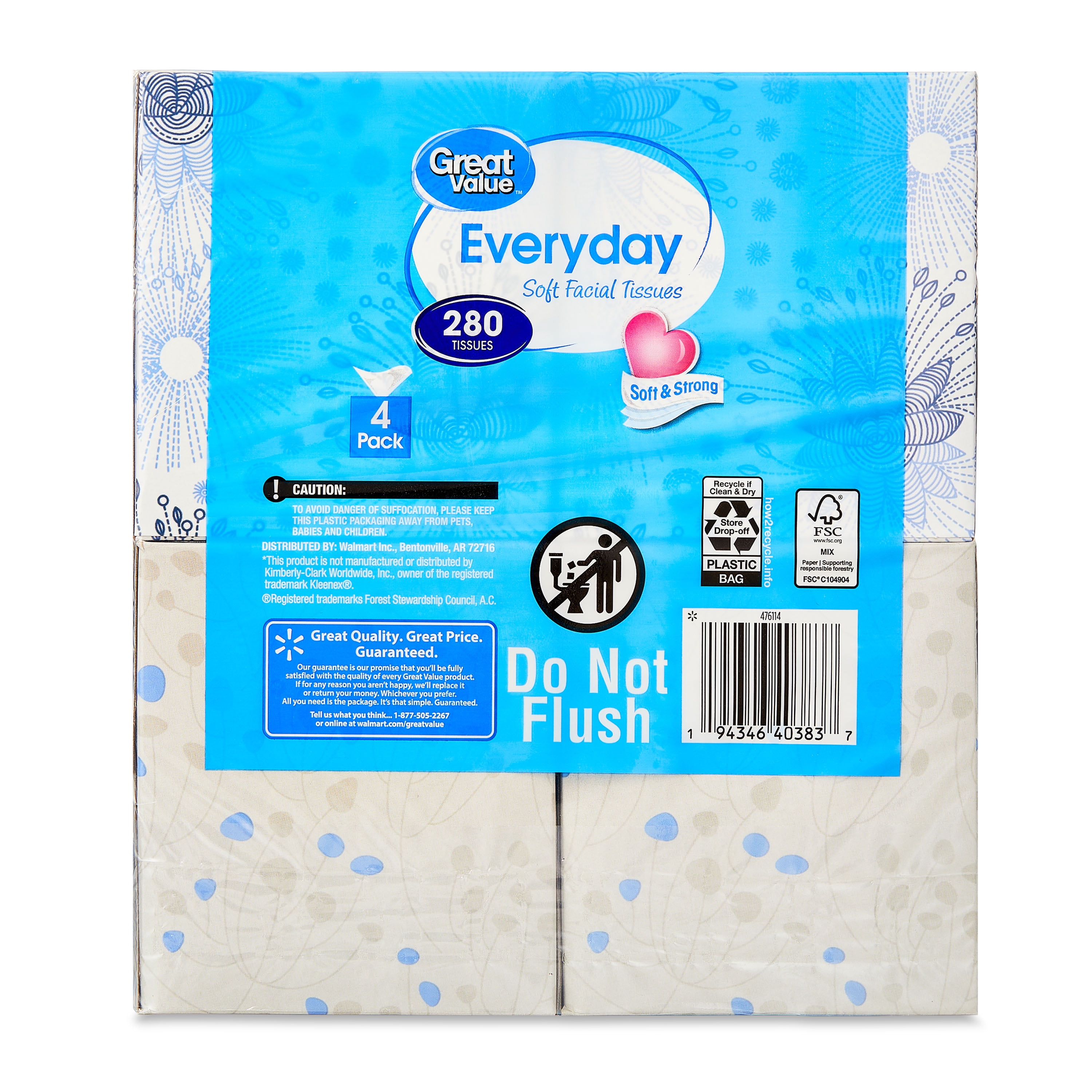 (6 pack) Great Value Everyday Soft Facial Tissues, 4 Cubes, 70 Tissues per Cube, 2-Ply