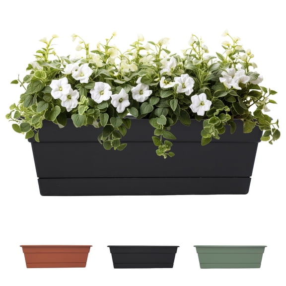 Bloem Dura Cotta 24" Plastic Window Box Planter with Saucer Tray: Indoor/Outdoor, for Window Sill, Ledge, & Tabletop, Black