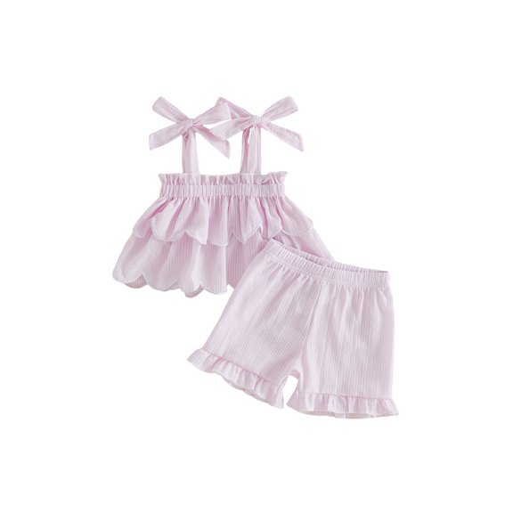 BemeyourBBs Toddler Baby Girl Summer Clothes Cute Infan Baby Girls Summer 2 Piece Outfit 6 12 18 24 Months 2 3 4 Years Strap Tie-up Striped Layered Camisole TankTop with Shorts Set
