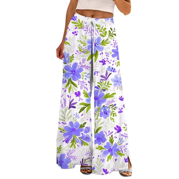 TRUBKH boho pants for women High Waist Wide Leg Pants Floral Solid Long Palazzo Pants Womens Summer Casual High Waist Pant 2025 Beach Vacation Outfits palazzo pants for women womens Blue L