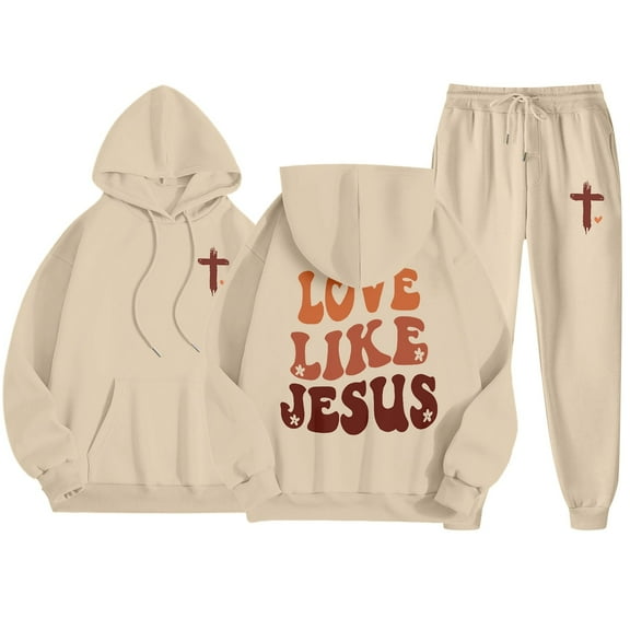 Womens Two Piece Sweatsuits Long Sleeve Jesus Letter Print Christian Hooded Sweatshirt and Sweatpants Baggy Comfy Fall Winter Track Suits Trendy