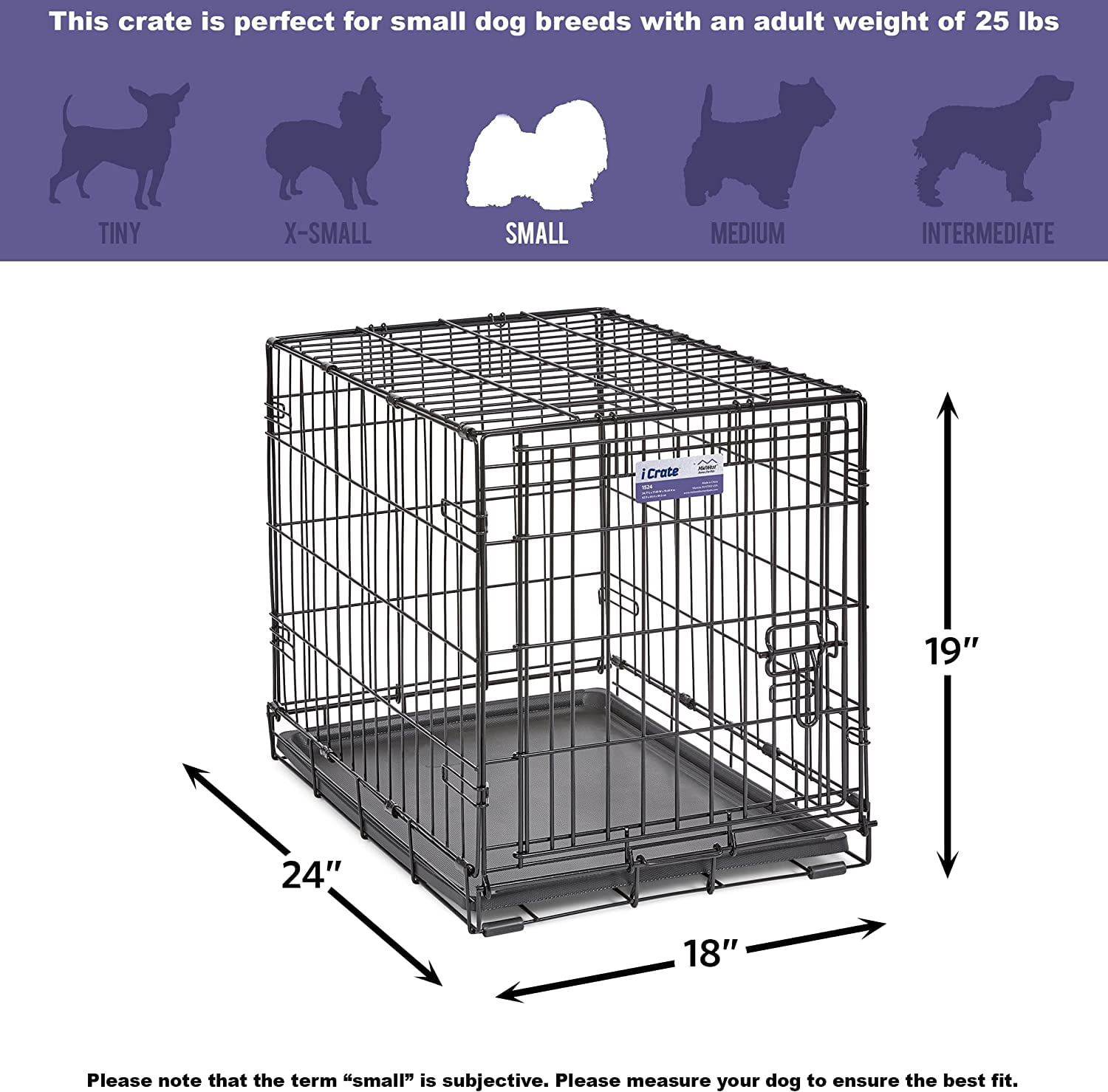 24 Inch iCrate for Small Breeds 12 to 20 lbs Single Door Folding Dog Crate with Divider Panel Leak Proof Tray and Secure Latch Portable and Durable