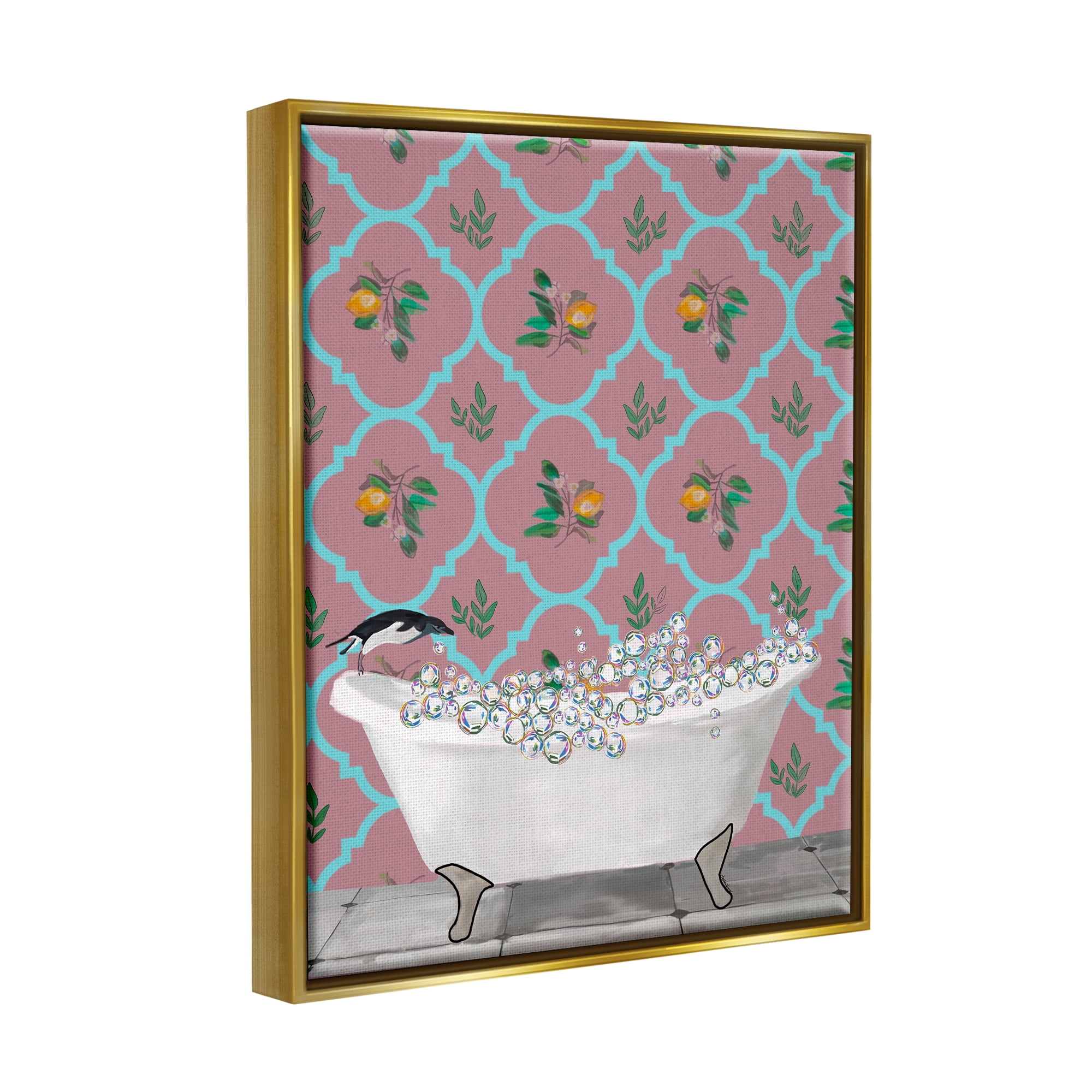 Stupell Industries Penguin Jumping in Tub Animals & Insects Painting Gold Floater Framed Art Print Wall Art, 17 x 21