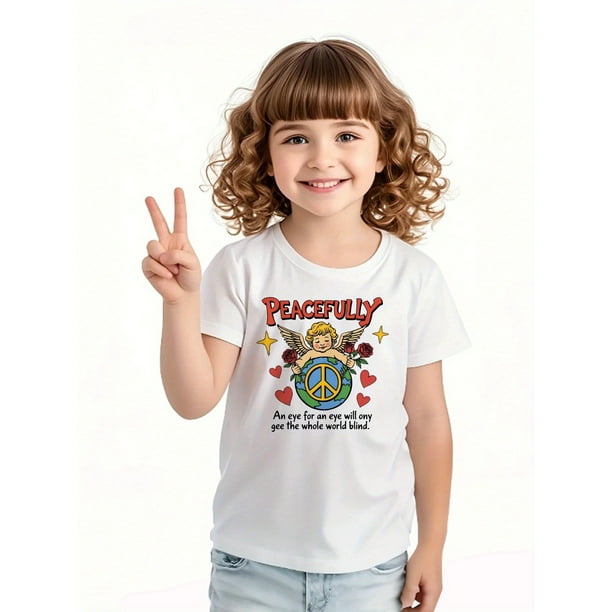 Peace Angel Graphic Tee - Soft Everyday Shirt with Peace Sign & Hearts, Machine Washable White T-Shirt for & Ages 2-8, Ideal Birthday