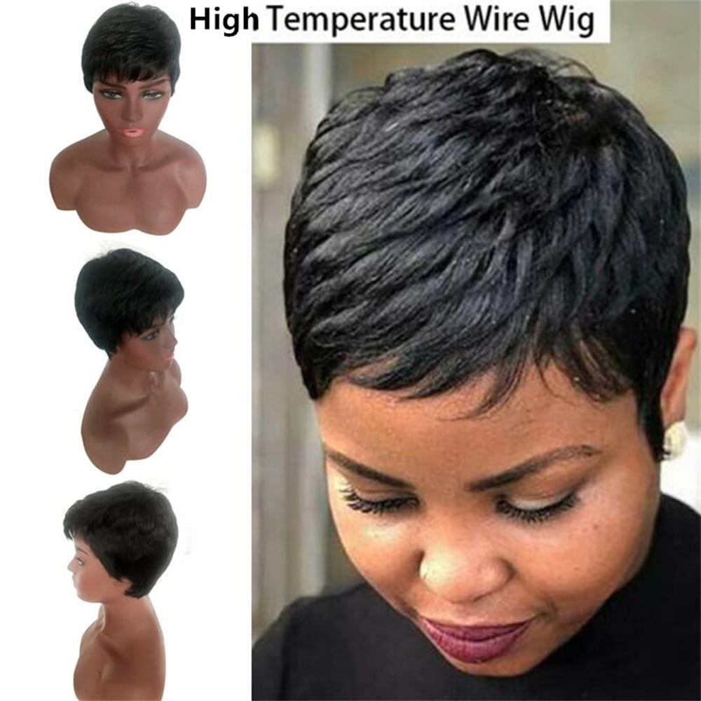 Noyal Women Black Short Pixie Cut Wig Full Wigs Wavy Non-Remy Hair Natural  Boycut Fiber Wig 