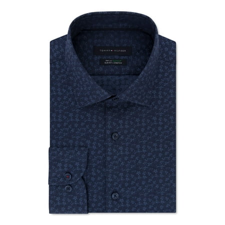 TOMMY HILFIGER Mens Blue Floral Collared Slim Fit Dress Shirt M 15- 34/35