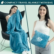 PAVILIA Compact 2-in-1 Travel Blanket Pillow for Airplane Flight, Teal Blue