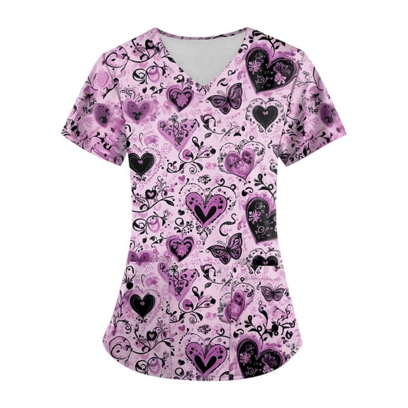 Xyxonk Women Scrub Tops Plus Size Funny Printed V Neck Shirts Comfortable Short Sleeve Stretch Uniforms with Pockets Purple S