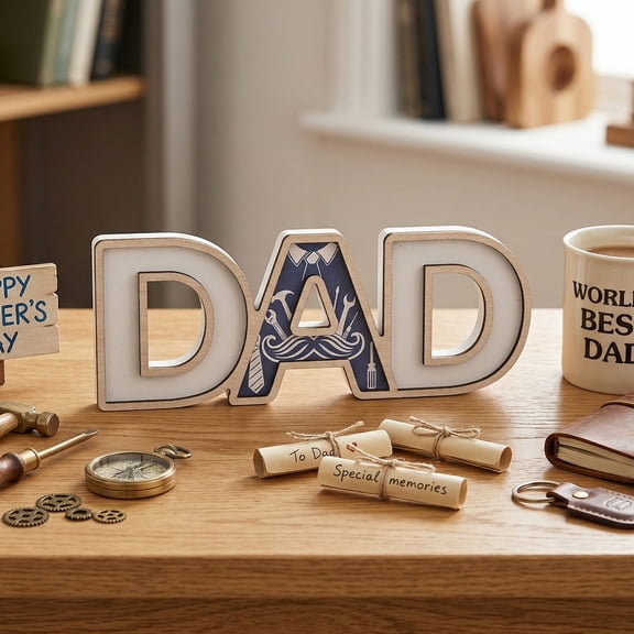 Fathers Day Table Decorations, 4.1×11.8 Inch Wooden Blue White Dad Sign, Father Birthday Gift from Daughter Son, Indoor Tabletop Centerpiece Shelf Desk Office Mantel Rustic Farmhouse Home Decor