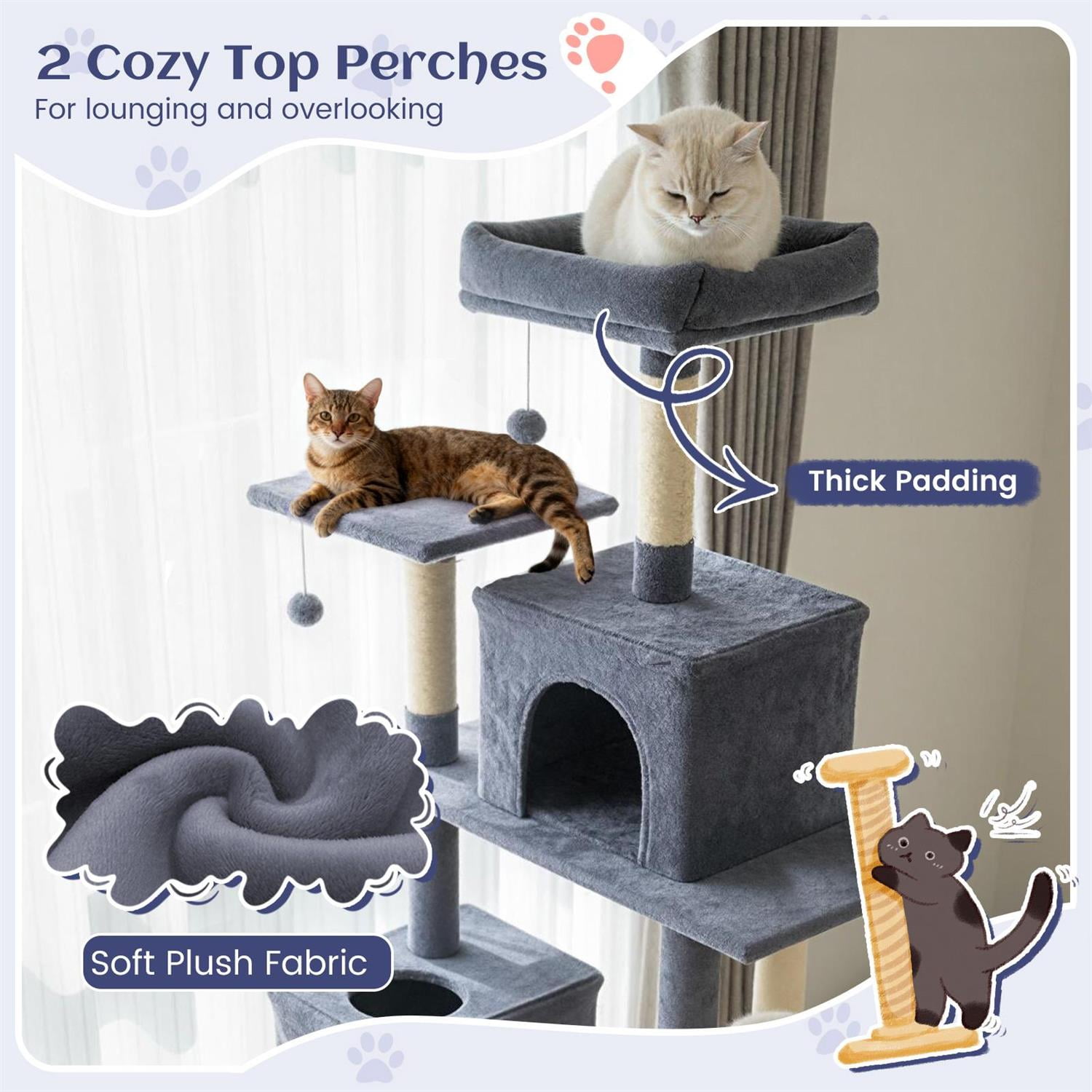 Pefilos 80" Tall Cat Tree, 2 Large Condos & Dangling Toys, Padded Top Perch & Sisal Posts, Dark Gray