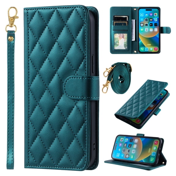 Mantto for iPhone 16 Wallet Case with Detachable Wrist Strap & Shoulder Strap,Shockproof Luxury PU Leather Purse Credit Card Slots Magnetic Flip Kickstand Crossbody Phone Case, Green