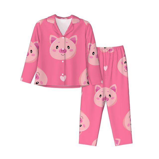 Fotbe Cartoon Pigs and Hearts Conjunto de Pijama de Manga Larga para Mujer con Estampado, Ropa de Dormir de 2 Piezas, Conjunto de Casa Suave y Cómodo con Bolsillos-Medium