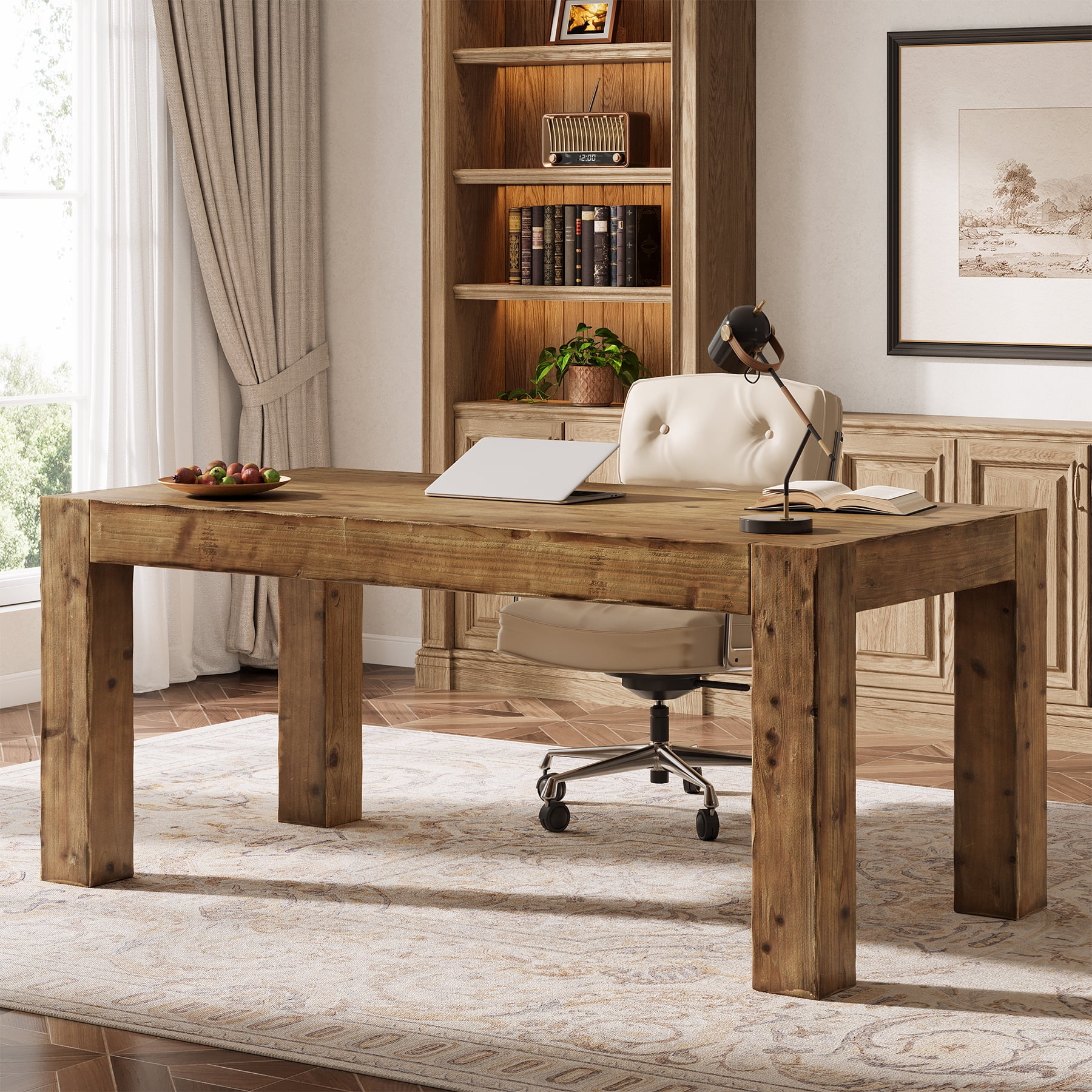 Finmind 63-inch Solid Wood Executive Desk, Farmhouse Wooden Home Office Computer Desk, Large Writing Study Table for Home Office, Rustic Brown