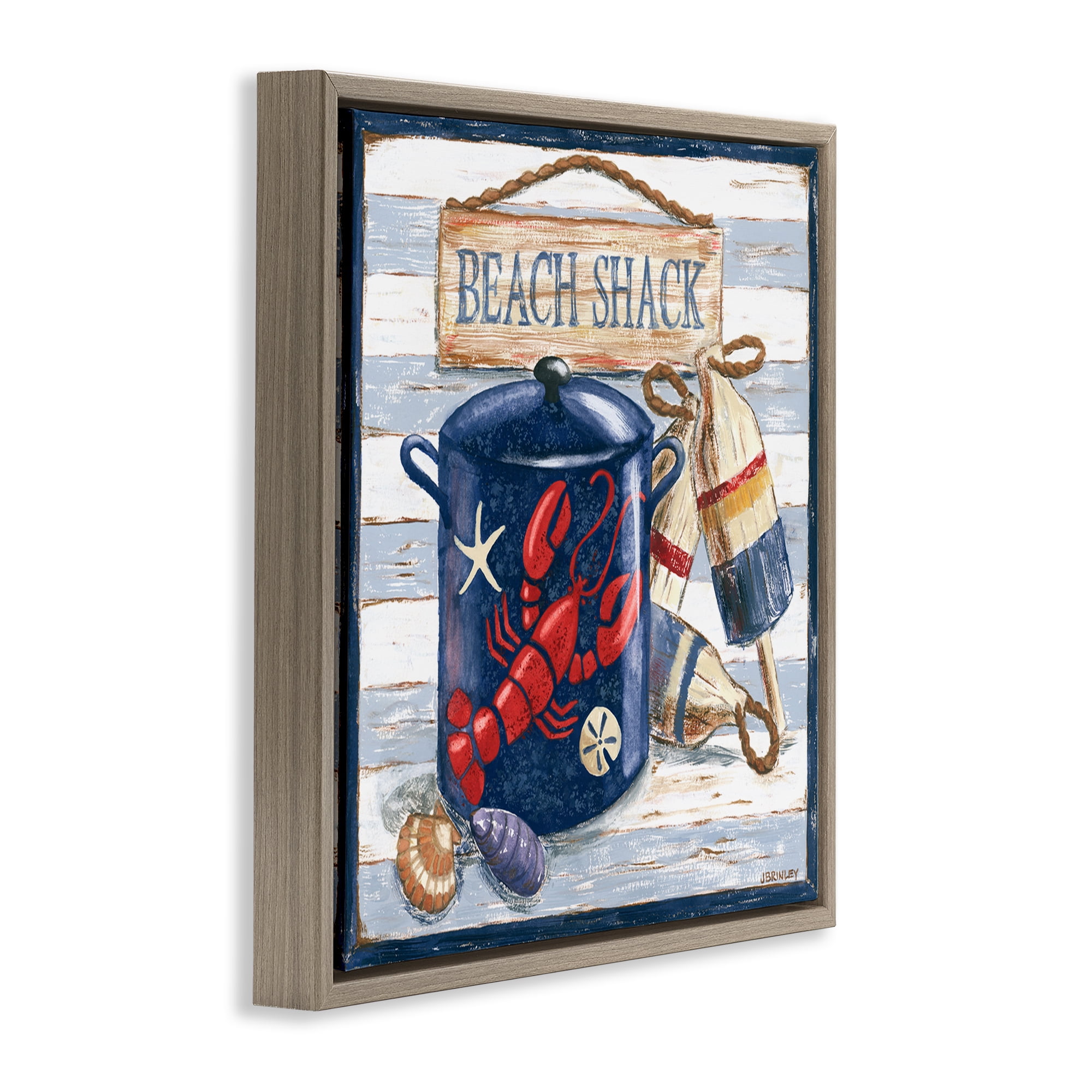 Stupell Industries Beach Shack on Stripes Nautical & Beach Painting Brown Floater Framed Canvas Art Print Wall Art, 18 x 18