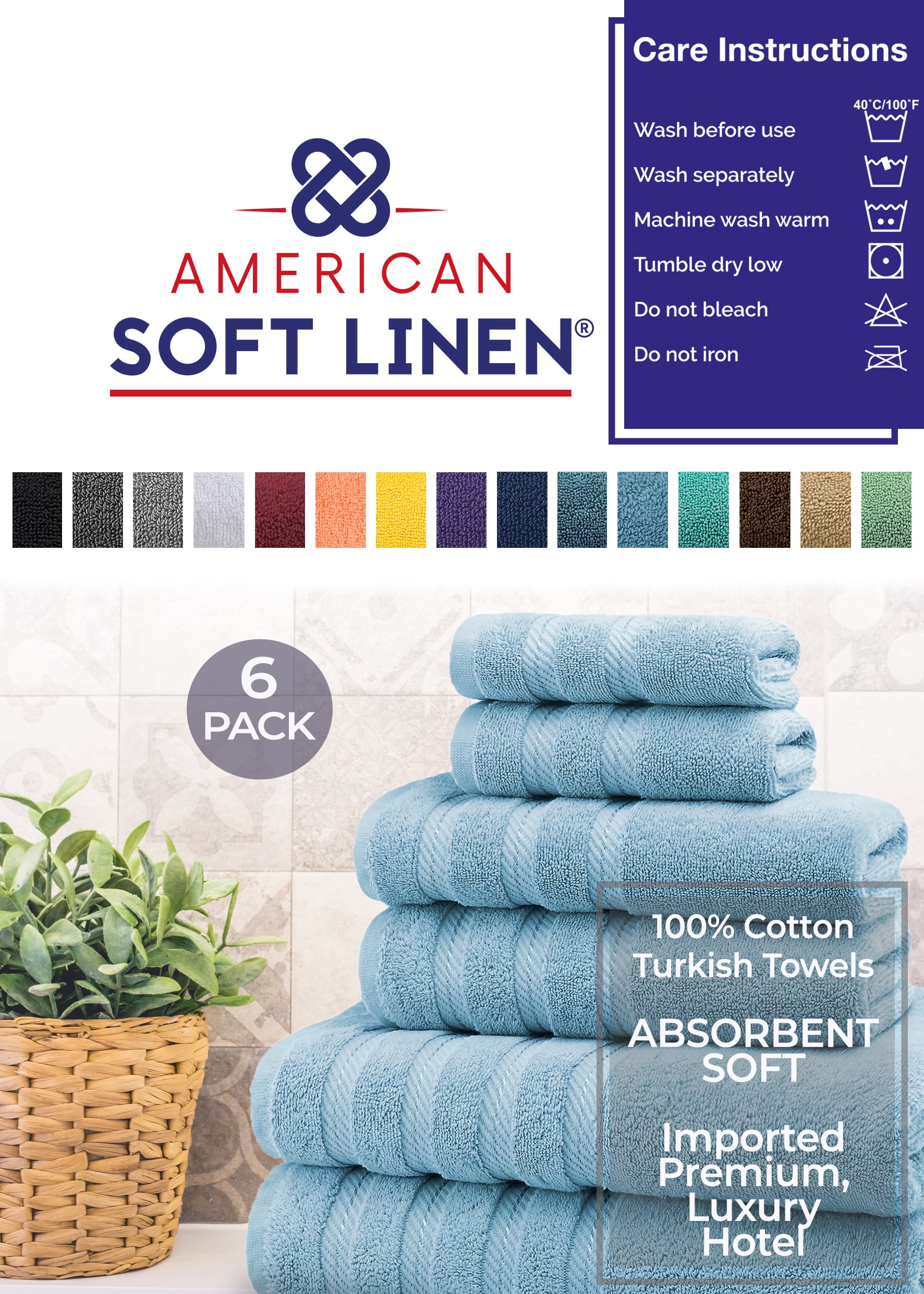 American Soft Linen Turkish 6 Piece Towel Set, 100% Cotton Premium Soft Bathroom Towels, Sky Blue