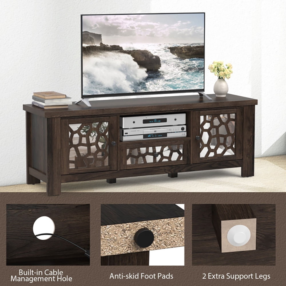 Finihen TV Stand, 55 Inch Retro TV Stand Media Entertainment Center with Mirror Doors and Drawer, for Living Room, Dark Brown