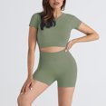 thumbnail image 2 of Traje de Yoga sin Costuras de Manga Corta de Verano de las Mujeres Traje de Yoga sin Costuras de Color Sólido de Dos Piezas Bodyfitting de Nylon, Conjunto de Gimnasio de Manga Corta, 2 of 5