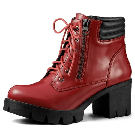 

Unique Bargains Women s Chunky Heel Lace Up Zipper Combat Boots