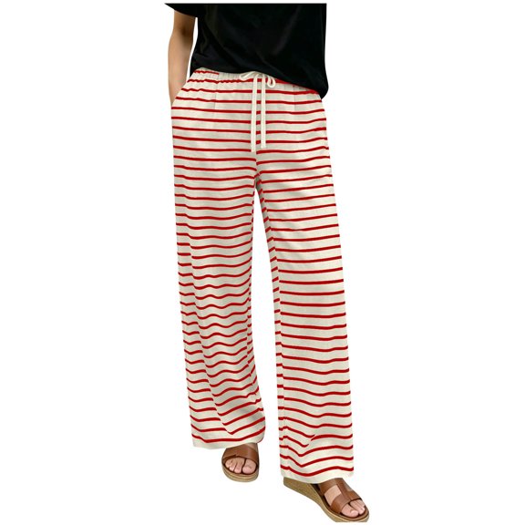 YUGYXL Women's Striped Wide Leg Yoga Pants High Waist Loose Fit Sweatpants Baggy Drawstring Casual Lounge Flared Joggers Red Pants S