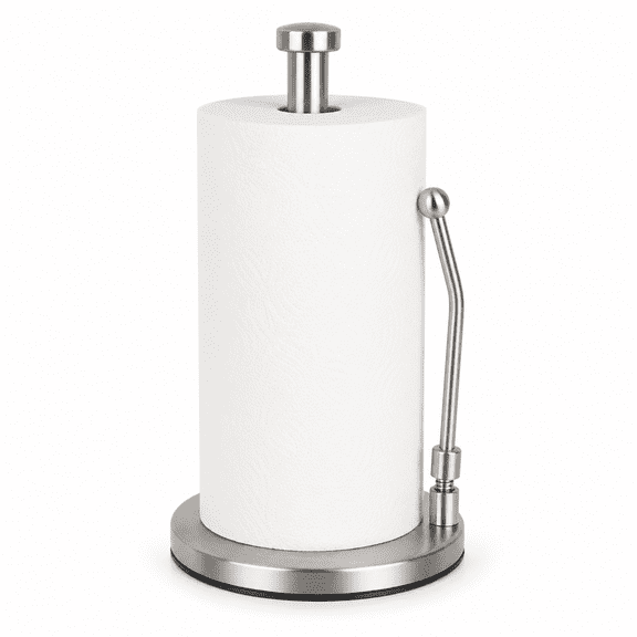 Countertop Paper Towel Holder, Stainless Steel Standing Paper Towel Roll Holder with Weighted Base, Non-Slip Bottom and Easy-Tear Spring Arm for Kitchen, Bathroom, RV, Silver
