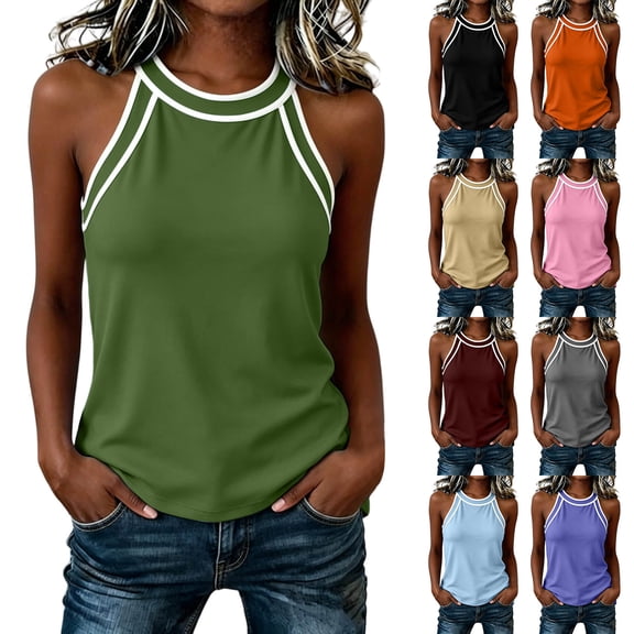 Miluxas Women's Halter Neck Sleeveless Tank Tops Contrast Trim Loose Tunic Shirts Tops Casual Beach Vacation Outfits for Summer Daily Wear Wine