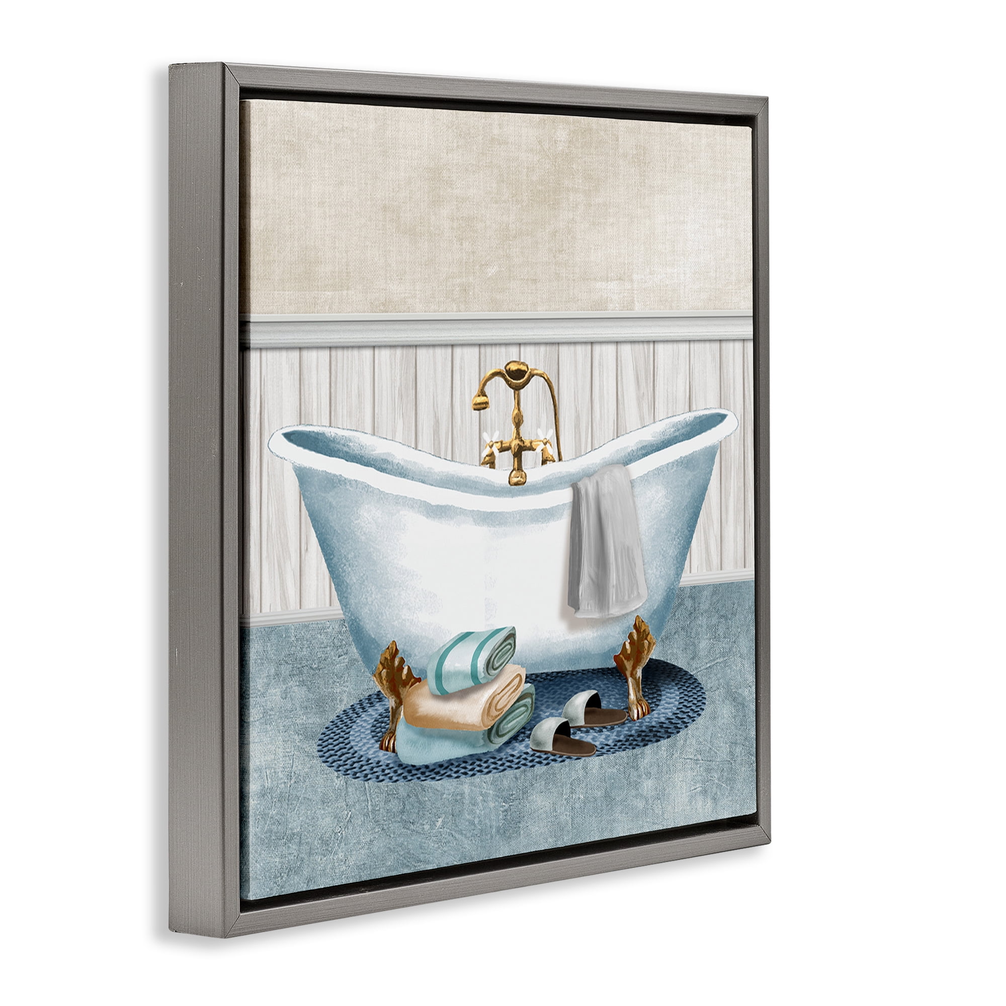 Stupell Industries Cozy Spa Bathtub & Slippers Gray Framed Floater Canvas Wall Art, design by Conrad Knutsen